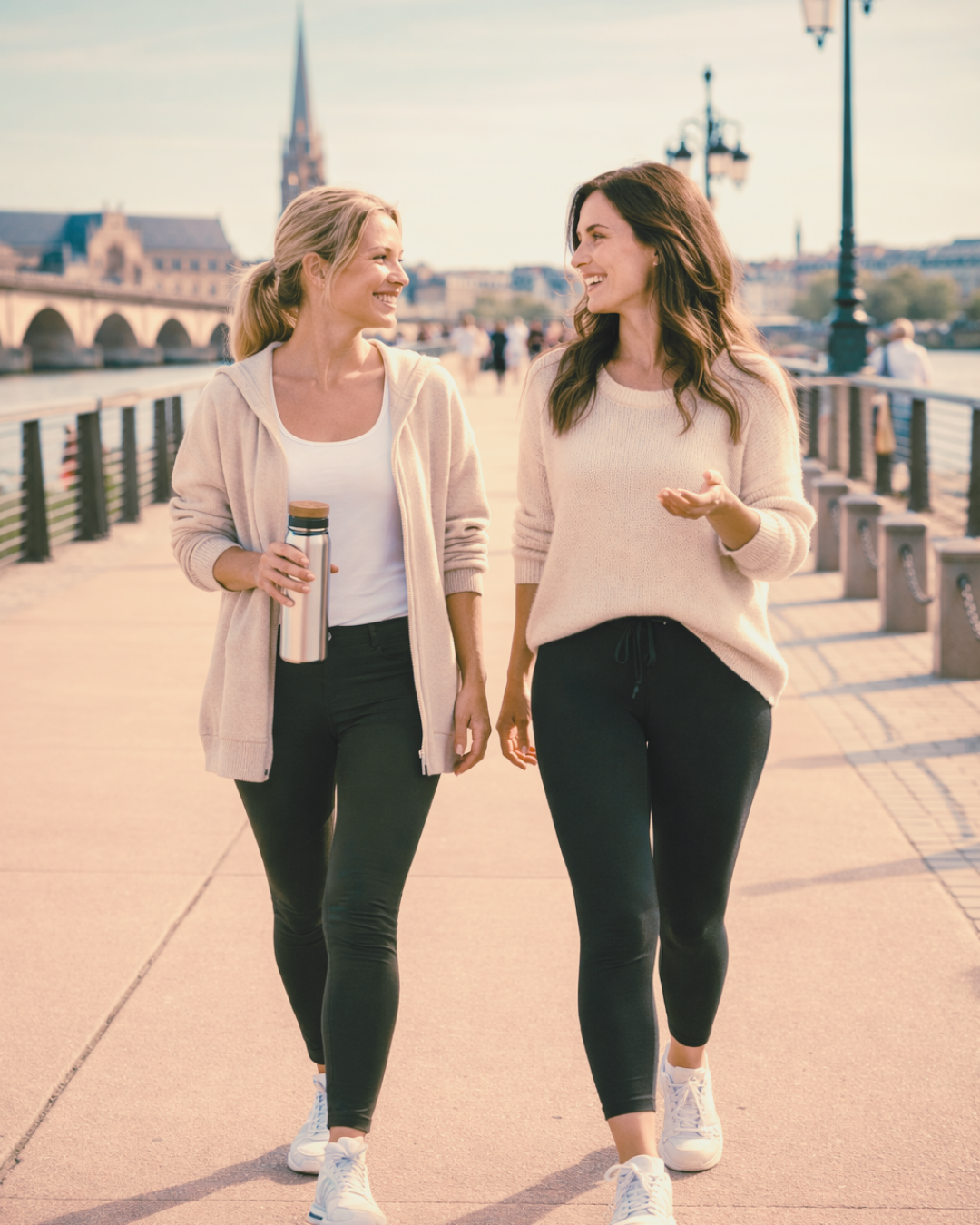 Deux femmes marchent le long d'une promenade au bord de l'eau, souriantes et détendues.