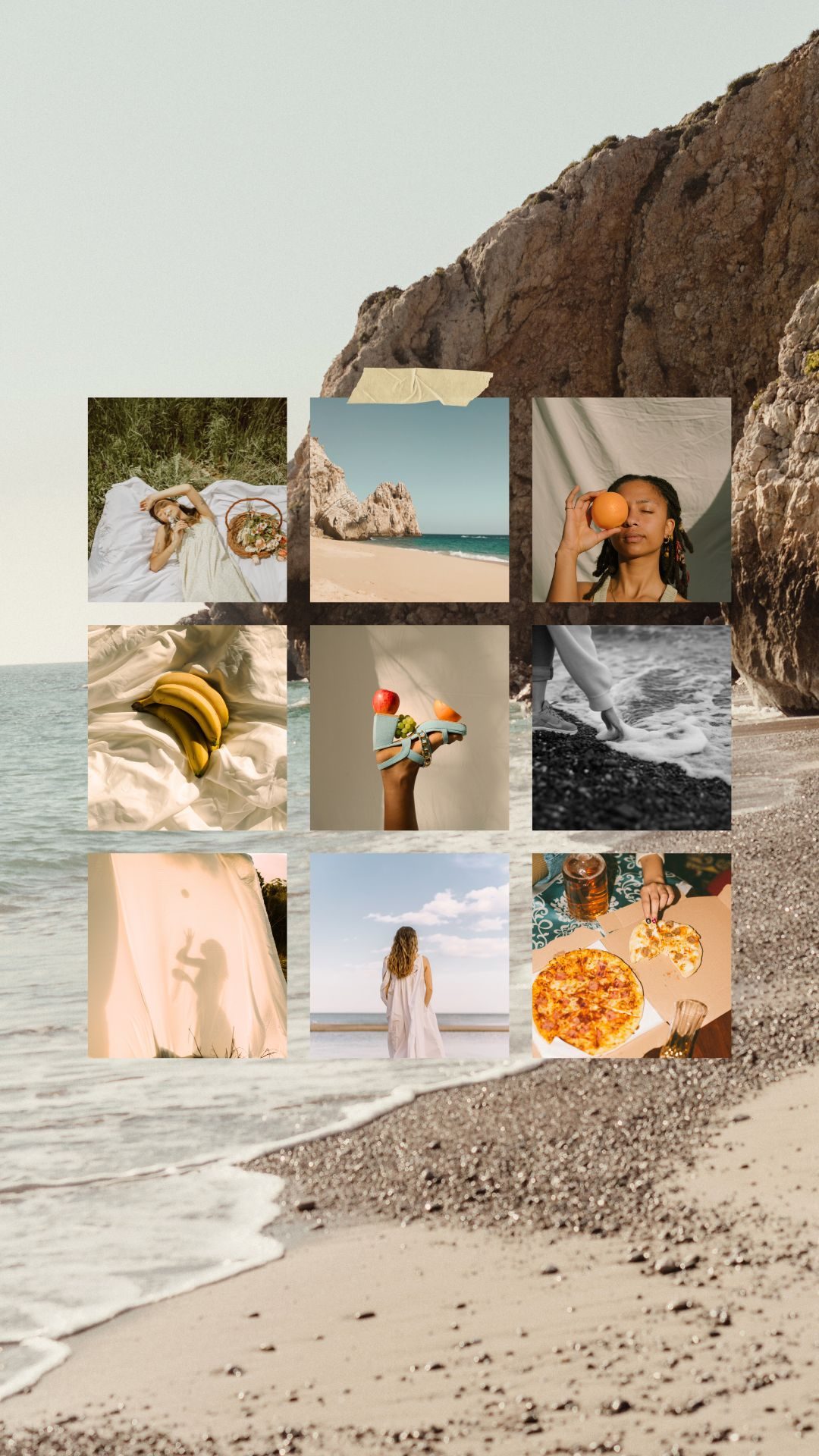 Collage de divers paysages côtiers, fruits, boissons et personnes en été.